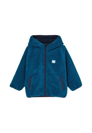 Petrolblauwe fleecejas met capuchon, ritssluiting aan de voorkant, zijzakken en een klein vierkant logo op de borst.