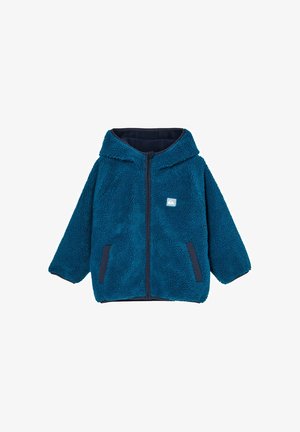 Veste polaire à capuche bleu sarcelle avec fermeture éclair à l'avant, poches latérales et petit logo carré sur la poitrine.