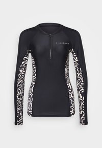 Black long-sleeve rash guard featuring a half-zip collar. Black and cream abstract pattern on sides. Material is smooth and stretchy.