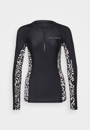 Czarny rash guard z długim rękawem z pół-zamkiem. Abstrakcyjny wzór w kolorze czarnym i kremowym po bokach. Materiał gładki i elastyczny.