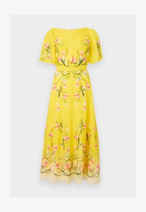 Gul midi-kjole med flagrende ærmer, prydet med et pink og grønt blomsterprint og en taljeret pasform.