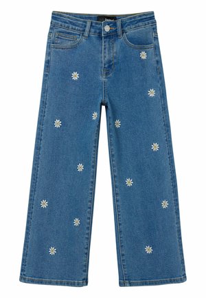 Jean en denim à jambes larges avec une teinte bleu clair, orné de broderies de marguerites blanches et doté d'une conception classique à cinq poches. Fermeture par bouton en métal.
