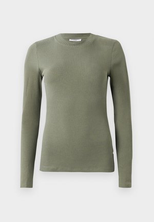 Maglia a maniche lunghe a coste di colore verde oliva, con scollatura rotonda e forma aderente. Tessuto morbido con dettagli delle cuciture laterali.