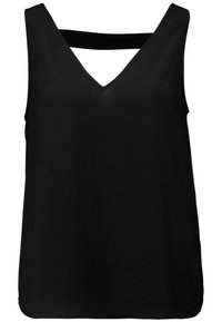 Blouse noire sans manches pour femme avec col en V et détail de lanière horizontale au niveau de la poitrine supérieure.