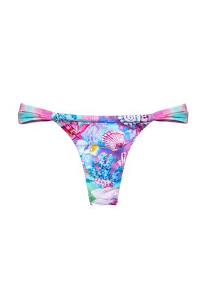 Costume da bagno bikini in un motivo floreale multicolore con rosa, viola e turchese. Il design include fiocchi laterali e una scollatura bassa.