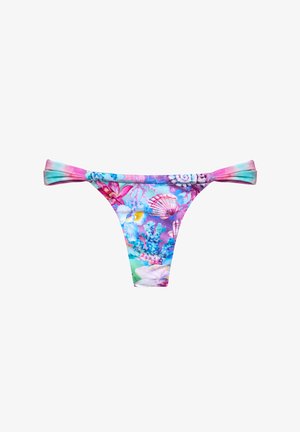 Bikini dół w wielokolorowy kwiatowy wzór z różowym, fioletowym i turkusowym. Design zawiera boczne kokardy i niski krój.