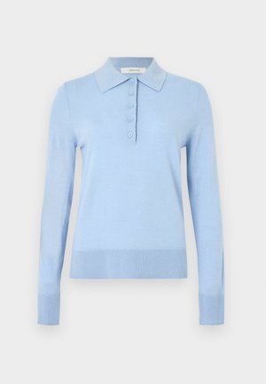 Light blue knitted pullover with a collared neckline, six button placket, long sleeves, and ribbed cuffs and hem. Smooth texture.
