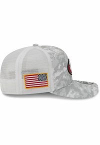 Gray digital camo cap with white mesh back, flat brim, embroidered logo on front, and American flag patch on the side.