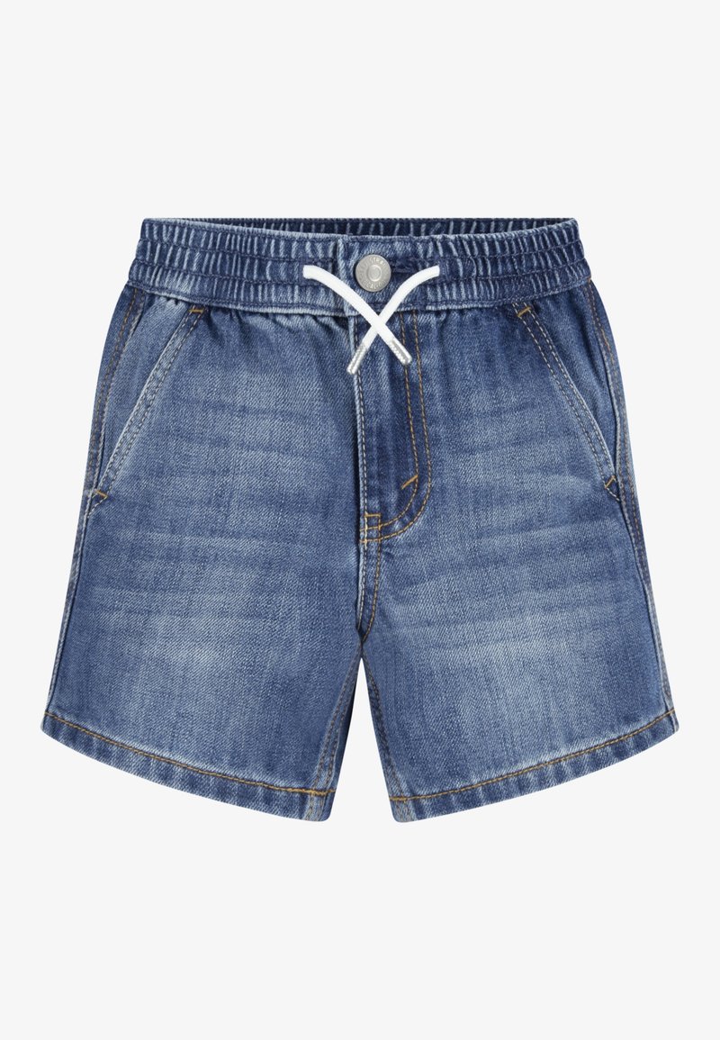 Denim shorts in a medium blue, featuring an elastic waistband with a drawstring, two front pockets, and contrasting yellow stitching.