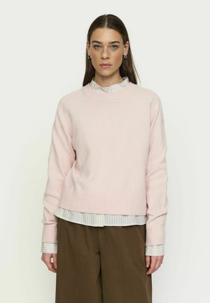 Femme aux cheveux bruns raides portant un pull rose pâle sur une chemise rayée et un pantalon marron, debout devant un fond uni clair.