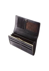 Portafoglio in pelle nera con multiple fessure per carte, una finestra ID trasparente e una chiusura in tonalità oro. L'interno presenta un rivestimento testurizzato e compartimenti.