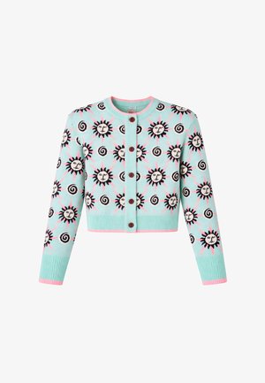 Cardigan bleu deschis cu nasturi, cu mâneci lungi, având modele roz și negre de soare și spirală, manșete și tiv dantelat cu margine roz.