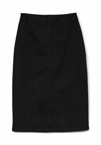 Črna denim svinčnik krila z gladko teksturo, srednje dolžine, zadnji šiv in subtilni šivi okoli pasu in roba.