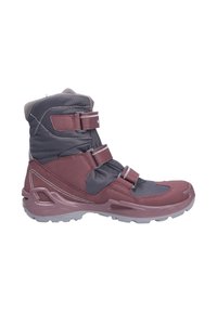 Hoge laarzen in bordeauxrood en grijs met klittenband; zijn voorzien van een gestructureerd materiaal en een robuuste, antislip rubberen zool voor grip.
