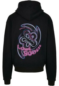 Musta huppari, jossa on sinisen ja vaaleanpunaisen sävyinen, pyörteilevä kukkakuvio ja teksti "Retro Future Lost Youth". Pehmeä materiaali, pitkät hihat.