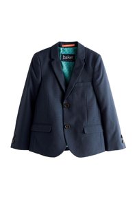 Navy blue single-breasted blazer with two front buttons, flap pockets, and turquoise patterned inner lining from Baker by Ted Baker.