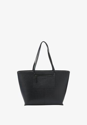 Bolso tote de cuero negro con doble asa para el hombro y un bolsillo con cremallera en la parte frontal, de forma rectangular con lados ligeramente acentuados.