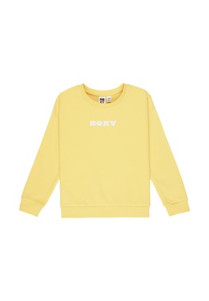Gelbes Sweatshirt mit langen Ärmeln, rundem Halsausschnitt und kontrastierendem weißen "ROXY"-Logo auf der Vorderseite. Weicher Stoff und gerippte Bündchen.