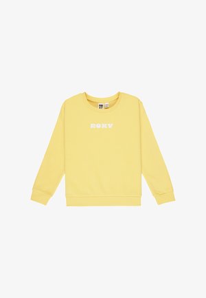 Sudadera amarilla de manga larga, con cuello redondo y logo en blanco "ROXY" en el frente. Tejido suave y puños acanalados.