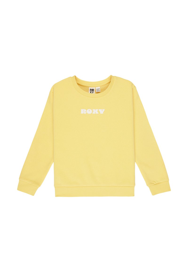 Sudadera amarilla de manga larga, con cuello redondo y logo en blanco "ROXY" en el frente. Tejido suave y puños acanalados.