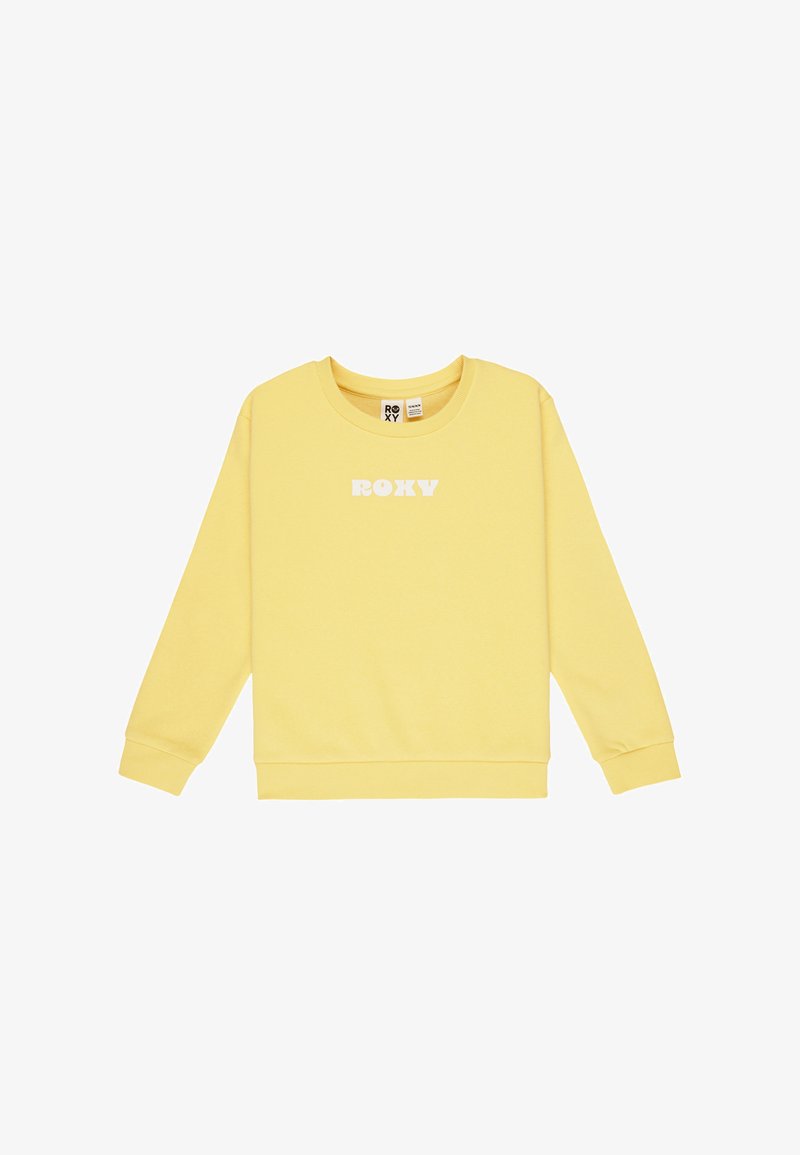 Sudadera amarilla de manga larga, con cuello redondo y logo en blanco "ROXY" en el frente. Tejido suave y puños acanalados.