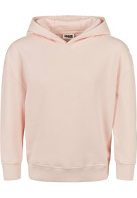 Lys rosa hettegenser med en myk tekstur, avslappet passform, ribbestrikkede mansjetter og nederkant. Har rund halsutringning og drop shoulders.