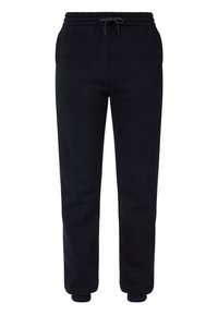 Zwarte joggingbroek van zacht materiaal, met een elastische tailleband met een trekkoord en geribbelde boorden bij de enkels.