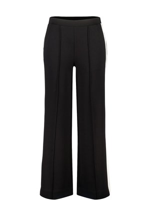 Pantalon large noir à taille haute, avec des coutures verticales à l'avant et des bandes blanches sur les côtés, présenté sur un fond blanc.