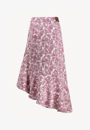 Witte rok met roze bloemenpatroon, asymmetrische zoom en een bruine leren logopatch op de tailleband.