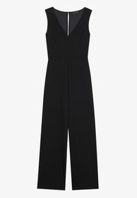 Sort jumpsuit med en dyb V-udskæring, ærmeløst design og vid benåbning. Glat stof med en diskret baglynlås.