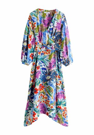 Florales Wickelkleid mit langen Puffärmeln, lebendigen Farben wie Blau, Lila, Rot, Grün und asymmetrischem Saum.