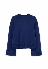 Navy knitted sweater with a round neck, cropped design, and ribbed cuffs and hem. Features a textured, soft fabric.