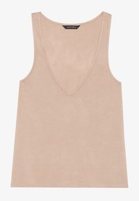 Ανοιχτό μπεζ, αμάνικο τοπ με βαθύ V-ντεκολτέ. Λείο, ελαστικό ύφασμα με μινιμαλιστικό σχέδιο και χωρίς ορατά μοτίβα ή διακοσμητικά στοιχεία.