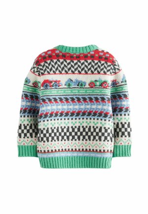 Strickpullover mit einem bunten Muster aus Traktoren, geometrischen Designs und einem grünen Rippenkragen. Hergestellt aus weichem Garn mit verschiedenen Texturen.