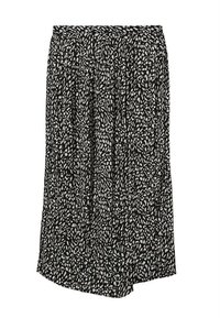 Černá sukně s rozptýleným bílým vzorem listů, vyrobená z lehké tkaniny. Má plisovaný design a asymetrický lem.