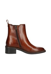 Braune Leder-Stiefelette mit seitlichem Reißverschluss und niedrigem Blockabsatz, glatte Oberfläche und Zuglasche an der Rückseite.