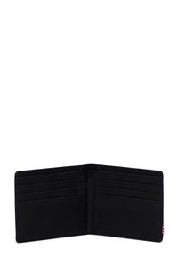 Portefeuille bifold noir avec plusieurs emplacements pour cartes, fabriqué en matériau texturé. Présente un design simple sans quincaillerie ou accents visibles.
