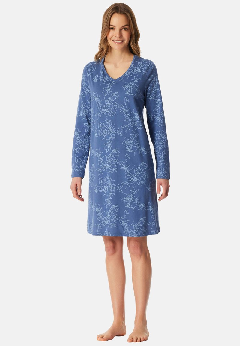 Blaues Nachthemd mit langen Ärmeln, V-Ausschnitt, weißem Blumenmuster und lockerer Passform, aus weichem Stoff für besonderen Komfort.