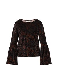 Černý sametový top s paisley vzorem v odstínech rezavé a modré. Má široké dlouhé rukávy a kulatý výstřih. Měkká textura, uvolněný střih.