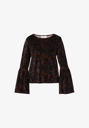 Black velvet top with a paisley pattern in rust and blue. Features flared long sleeves and a round neckline. Soft texture, relaxed fit.