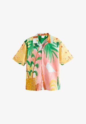 Kratki rokavi, srajca s gumbi iz lahkega materiala, ki ima pisano tropsko oblazinjenje s pink, rumenimi, zelenimi in modrimi odtenki.