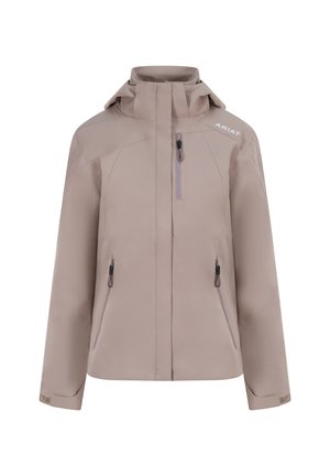 Helle beige wasserdichte Jacke mit einem Reißverschluss vorne, zwei seitlichen Taschen und einer Kapuze. Verfügt über kontrastierende Reißverschlussdetails und Branding auf der Schulter.