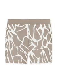 Beige shorts with a white abstract pattern resembling animal print. Made of soft fabric, featuring an elastic waistband and straight cut.