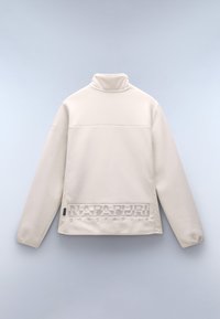 Pullover in pile beige chiaro con colletto alto, caratterizzato da un logo in rilievo all'orlo e una texture liscia e morbida.