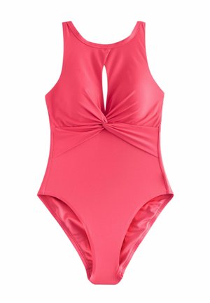 One-piece swimsuit in bright pink. Features a round neck, keyhole cutout, and twisted front detail. Made of smooth, stretchy fabric.