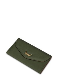 Green textured wallet with a flap closure, featuring a gold accent detail. The design is rectangular with stitched edges.