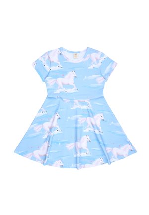 Light blue short-sleeve dress with flared skirt featuring white horses galloping among clouds and stars pattern.