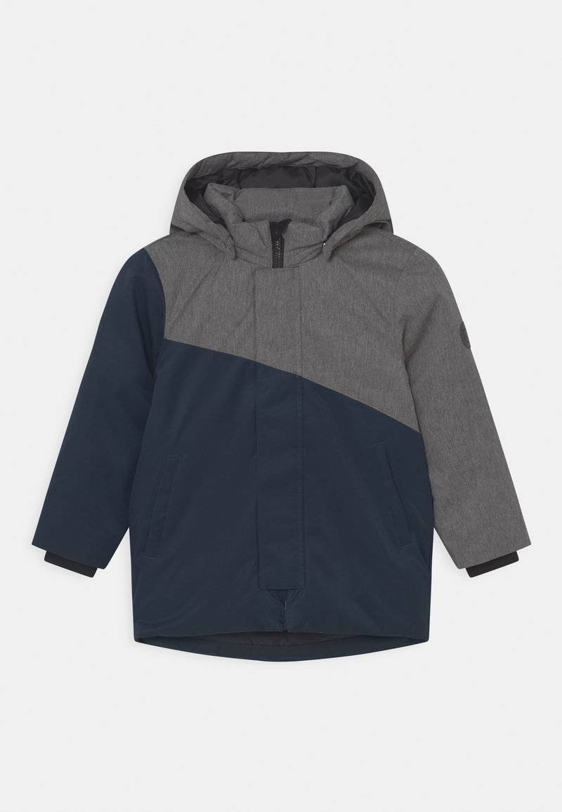 Veste d'hiver pour enfant avec capuche, bicolore bleu foncé et gris, équipée d'une fermeture éclair sur le devant et de poches latérales.