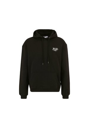 Black hoodie made of soft fabric, featuring a drawstring hood, kangaroo pocket, and a white graphic print on the left chest area.