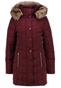 Manteau d'hiver long matelassé pour femme, couleur bordeaux, avec capuche bordée de fourrure, boutons-pression sur le devant et poches latérales zippées.